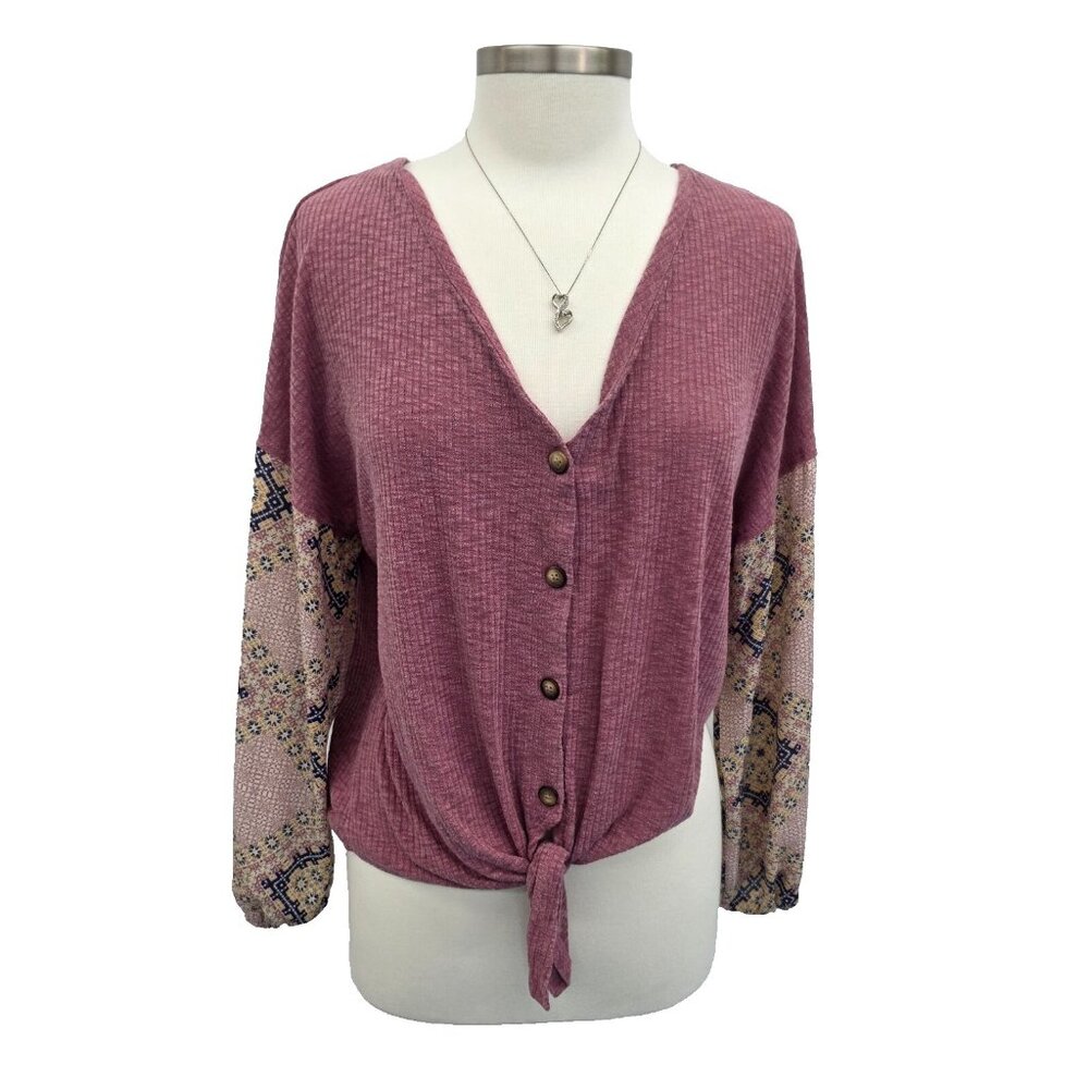 Womens Pink Boho Shirt Top Size Large Button Tie Front Long‎ Sleeve V-Neck